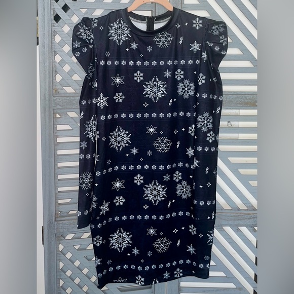 Blue Zone Planet Christmas Round Neck Snowflake Print Slim Long Sleeve Dress - Picture 5 of 11